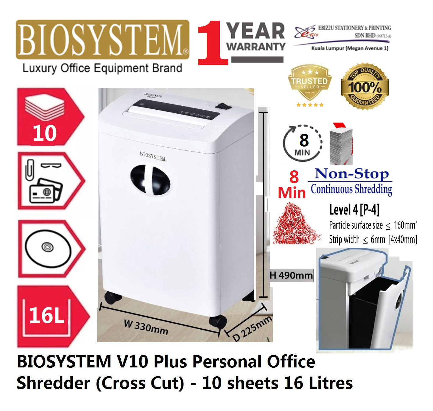 BIOSYSTEM V10 Plus Personal Office Shredder (Cross Cut) - 10 sheets 16 Litres (Paper Shredder,Shredder Machine,Cross Cut, Office Shredder, personal shredder, home shredder)