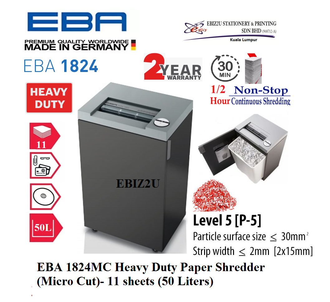 EBA 1824MC Heavy Duty Paper Shredder (Micro Cut)- 11 sheets (50 Liters) 1824 (30 minutes non stop, Micro Cut, Paper Shredder, Shredder Machine, Heavy Duty Shredder, Mesin Penghancur Kertas)