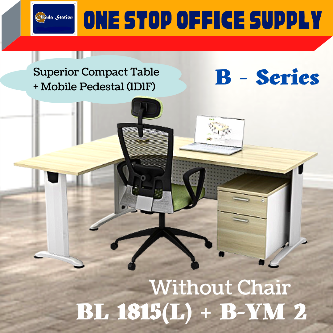 SUPERIOR COMPACT TABLE + MOBILE PEDESTAL SET (BL 1815(L) + B-YM 2) / B-SERIES / L-SHAPE DESK / L-SHAPE TABLE / TABLE WITH PEDESTAL / STANDARD TABLE SET / STANDARD OFFICE FURNITURE SET / L-SHAPE TABLE(Left Side) / BL 1815 / B-YM 2 / EXECUTIVE TABLE