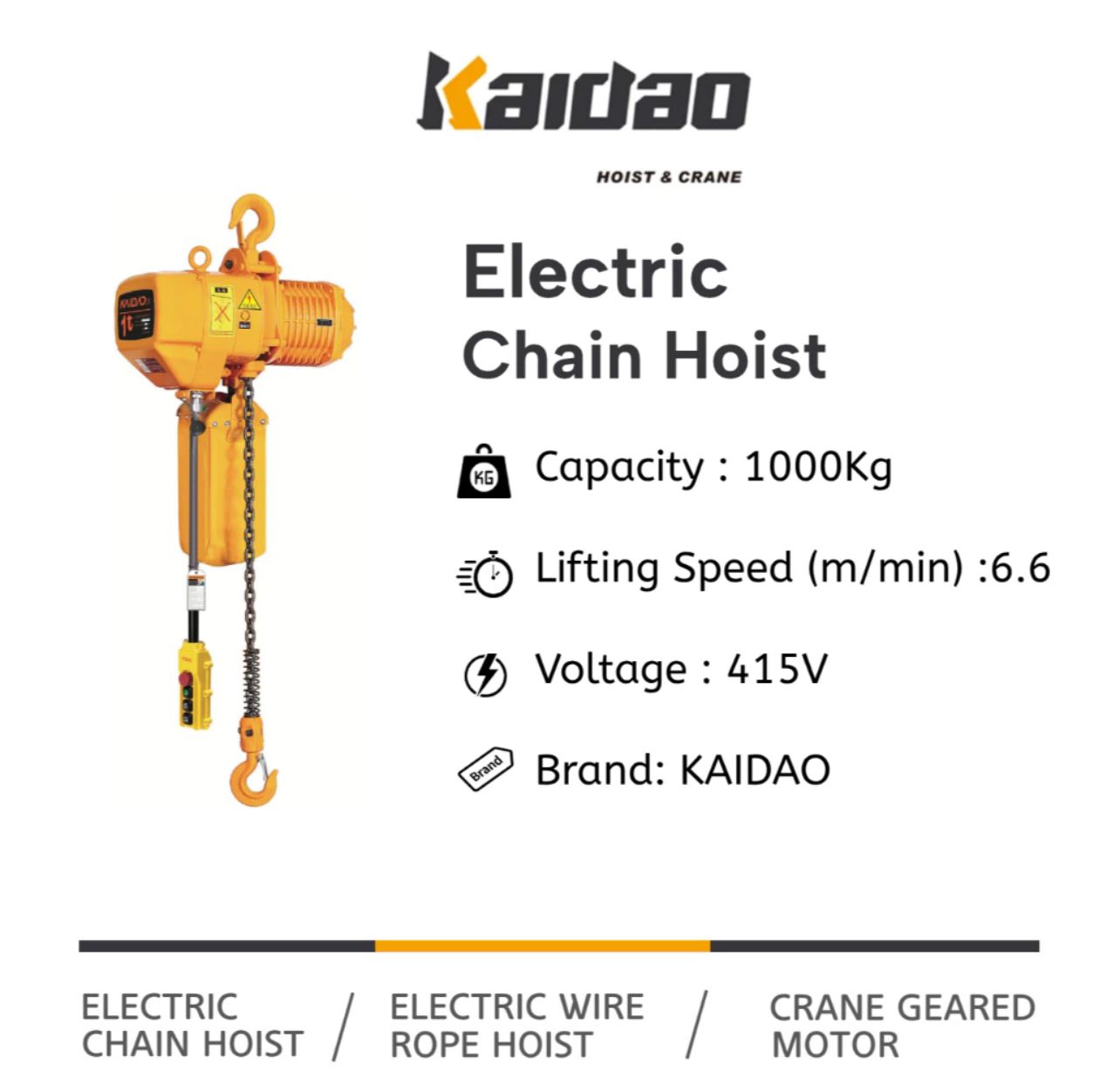 Kaido KAIDAO Electric Chain Hoist 1000 Kg - HKD0101S (415V)