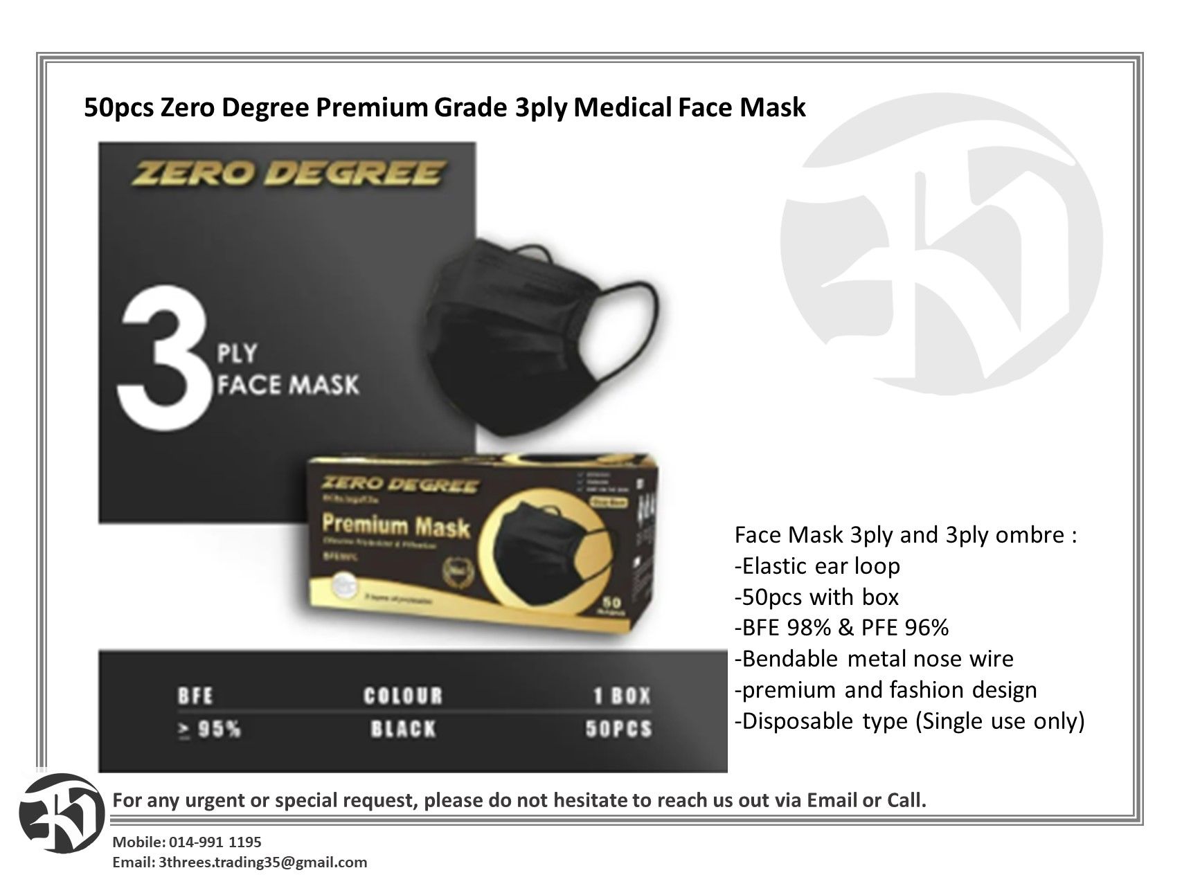 ZERO DEGREE PREMIUM GRADE 3ply MEDICAL FACE MASK 50PCS PER BOX
