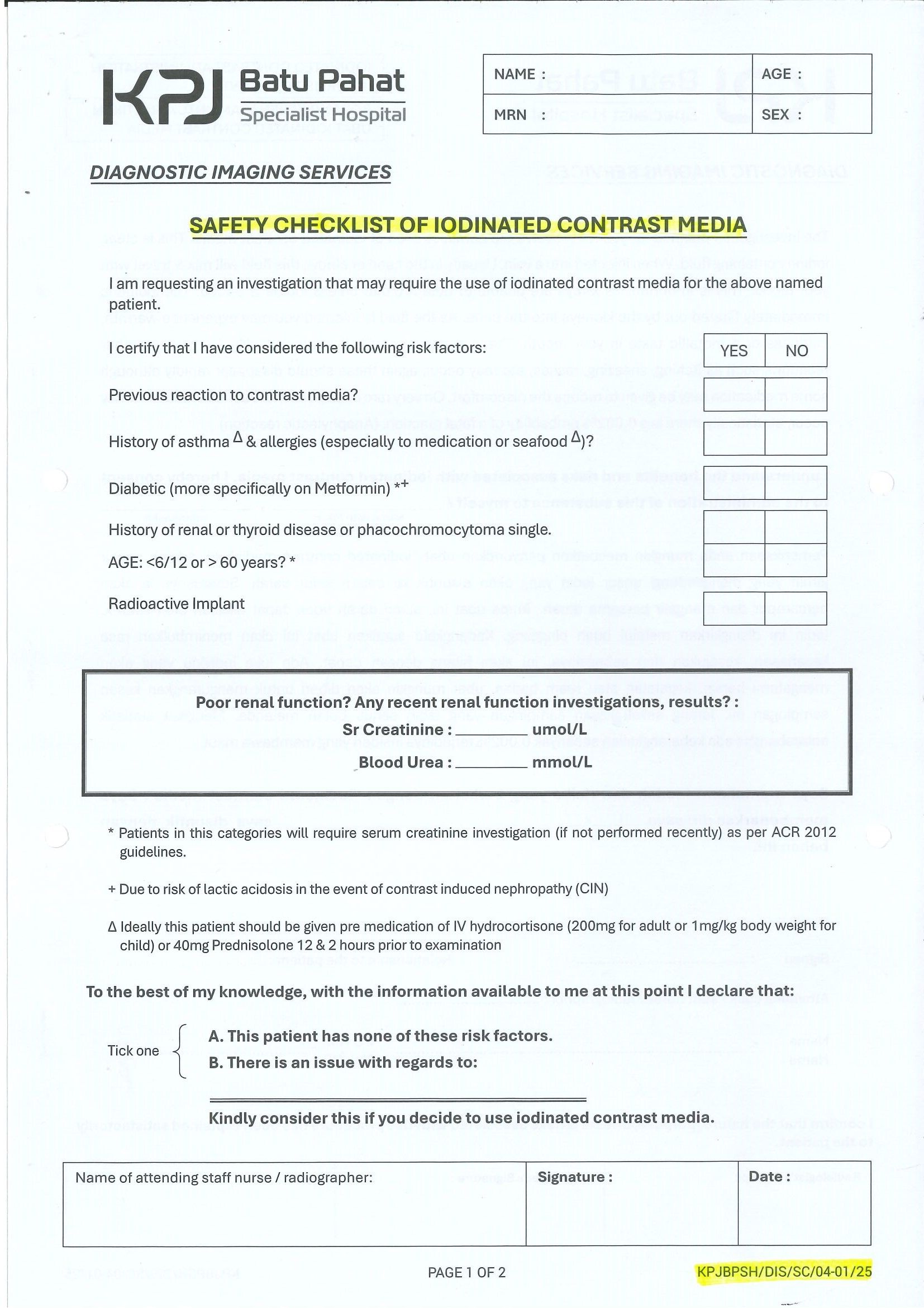 Safety Checklist Of Iodinated Contrast Media