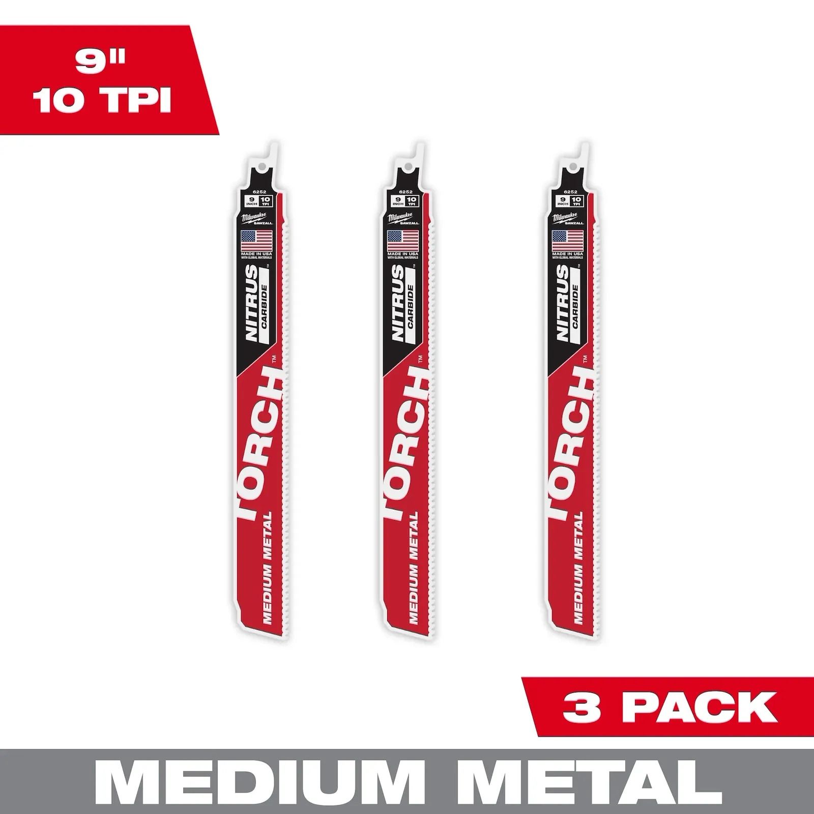 MILWAUKEE 9" 10 TPI TORCH™ w/ Nitrus Carbide SAWZALL™ Blade For Medium Metal (3pcs)