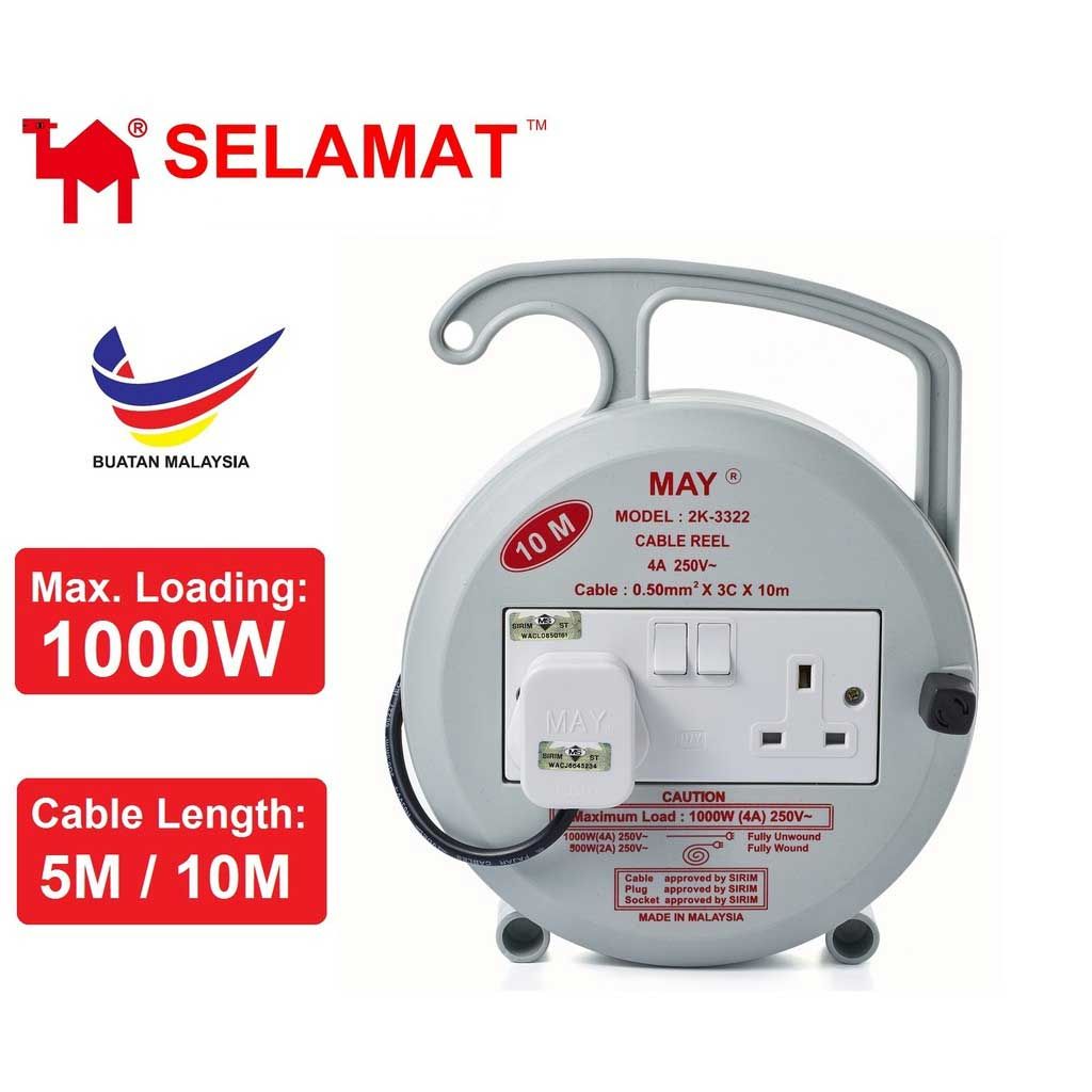 Extension Roller 2 Gang Socket Cable Reel Extension Plug Trailing Socket [Sirim Approved] (10 Meter)
