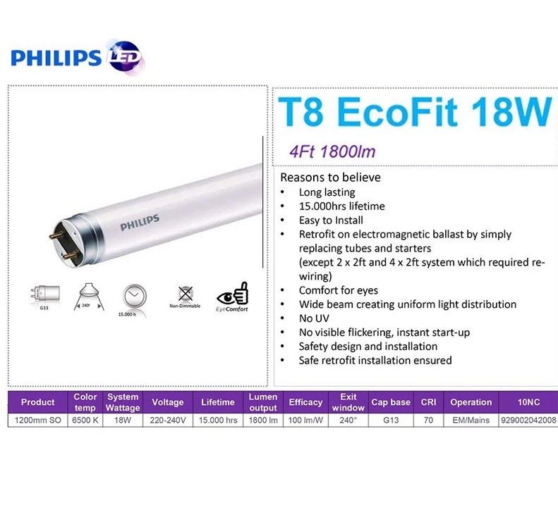 PHILIPS 4Ft 18W Ecofit T8 LED Tube Daylight Built in Starter