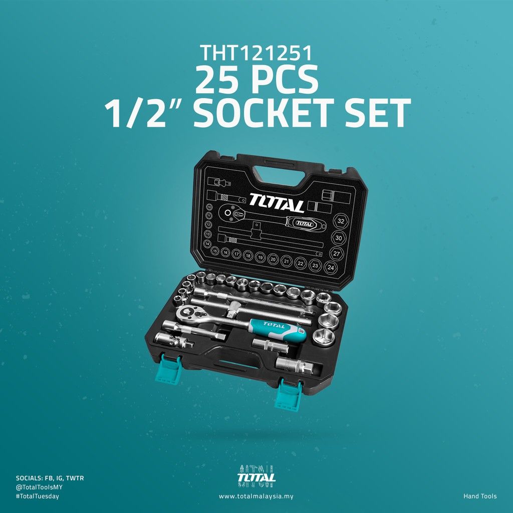 TOTAL SOCKET SET WITH EXTENSION-SLIDING BAR/UNIVERSAL JOINT/SPARK PLUG/RATCHET (10MM-32MM/1/2"/25 PCS) THT121251