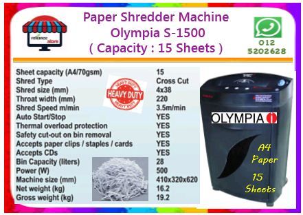 Olympia Paper Shredder Machine (A4) / Mesin Shredder / Mesin Perincih # Machine Penghancur Kertas - CDs - Credit Card - Paper Clip - Staples # Model S-1500 # 15 Sheets # Cross Cut # Warranti : 2 Tahun # RP0157 ( KTT : 1 Unt )