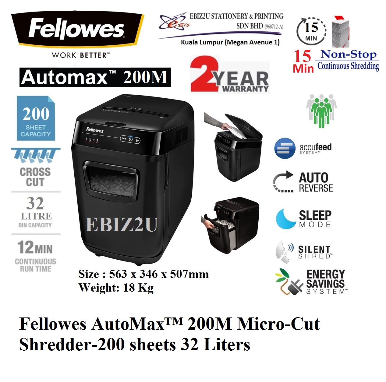 Fellowes AutoMax鈩�200M Micro-Cut Shredder-200 sheets 32 Liters (Cross Cut, Paper Shredder, Shredder Machine, Office Shredder, Heavy Duty Shredder, Mesin Penghancur Kertas)