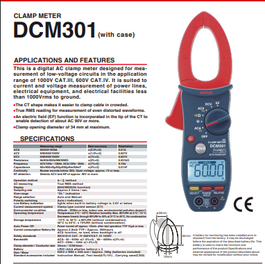 SANWA - DCM301 CLAMP,ON AMMETER 200M A-600A