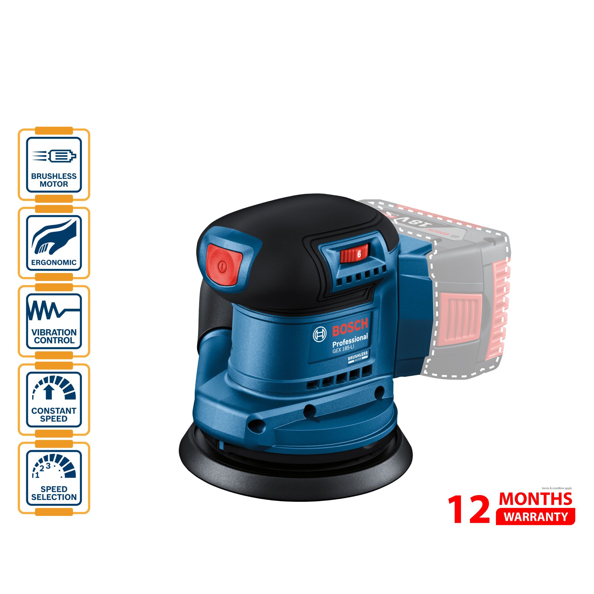 Bosch GEX 185 LI Random Orbit Sander (Solo) - 06013A5080