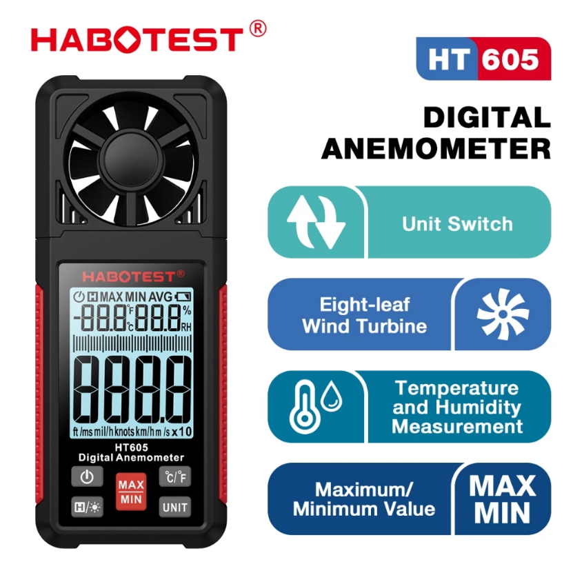 HABOTEST HT605 DIGITAL ANEMOMETER PORTABLE WIND SPEED METER