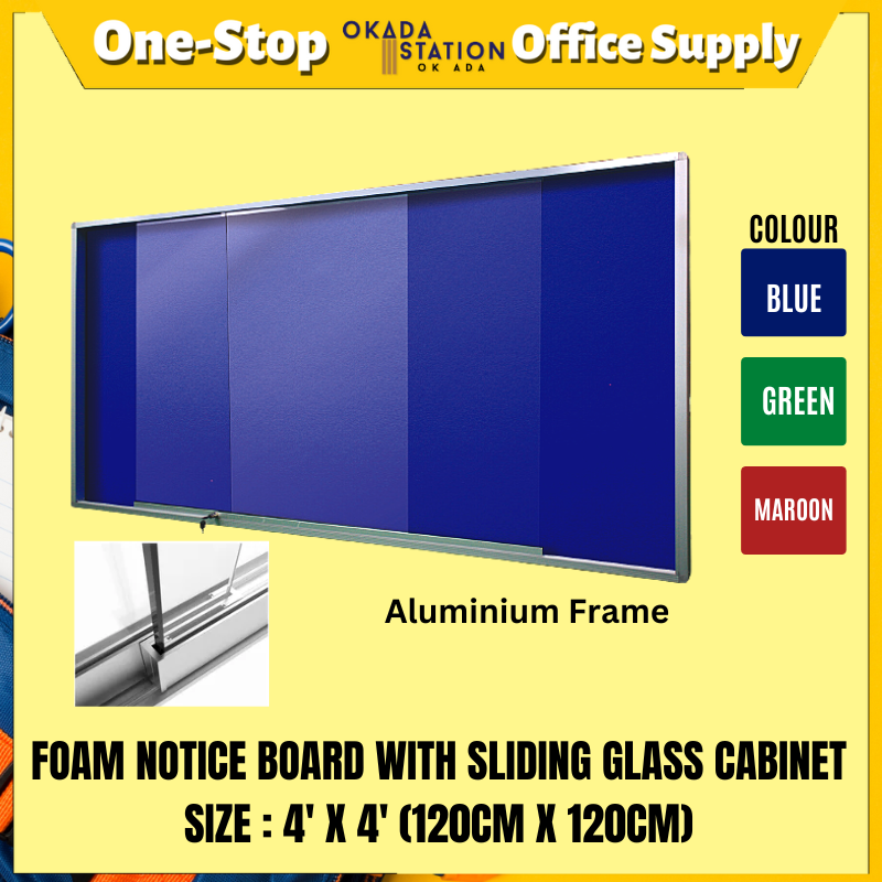 FOAM NOTICE BOARD WITH SLIDING GLASS CABINET / NOTICE BOARD / 4' X 4' / 4FT X 4FT / SCF-44 / COLOUR FOAM BOARD / FOAM NOTICE BOARD / FOAM BOARD WITH GLASS CABINET / SLIDING GLASS NOTICE BAORD / PIN BOARD