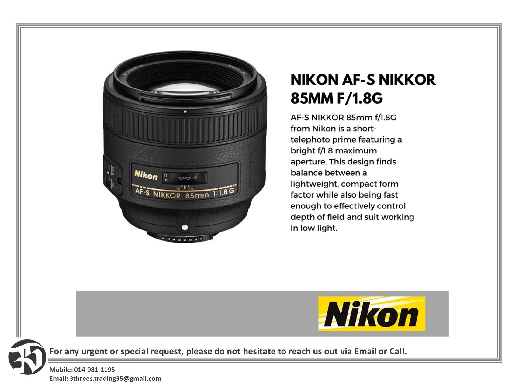 Nikon AF-S NIKKOR 85mm f/1.8G Lens
