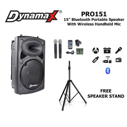 Dynamax PRO151D 450 Watt 15 Inch Active Bluetooth Speaker System with 2 Wireless Handheld Microphone