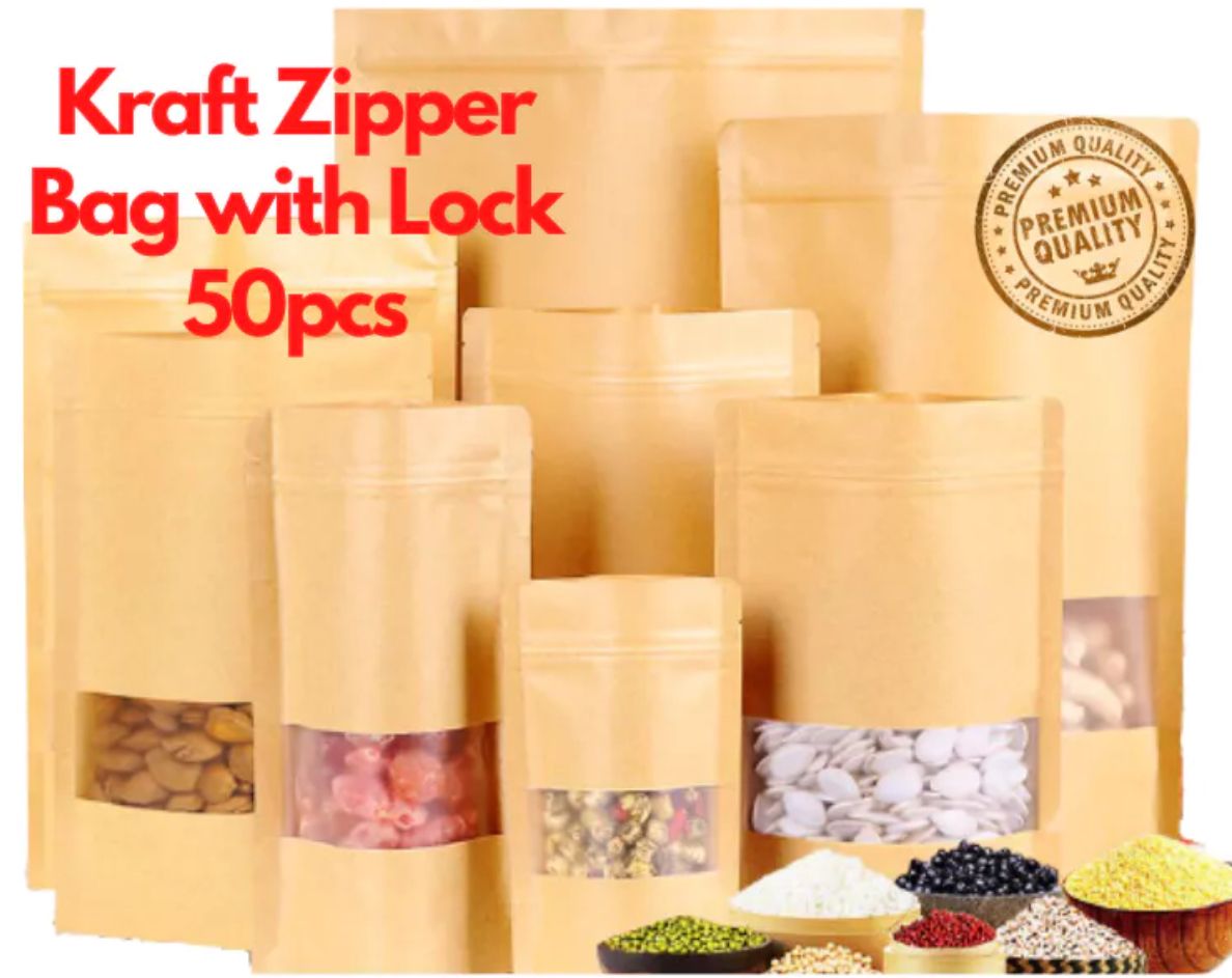 Kraft Zipper Bag 50pcs / Kraft Zipper Lock Window Paper Bag / Food Packaging Bag / Cookies Bag / Door Gift Bag