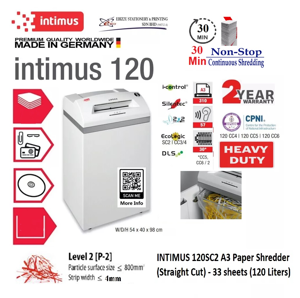 INTIMUS 120SC2 A3 Paper Shredder (Straight Cut) - 33 sheets (120 Liters) (non stop, Strip Cut, Straight Cut, Paper Shredder, Shredder Machine, Office Automation, Office Shredder, Mesin Penghancur Kertas, Heavy Duty Shredder, Heavy Duty Paper Shredder