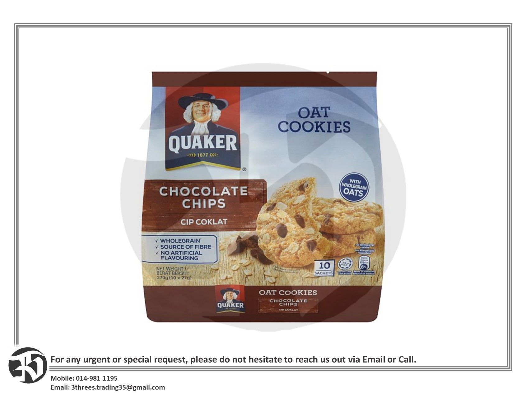 Quaker Oat Cookies Chocolate Chips 10 Sachets x 27g (270g)