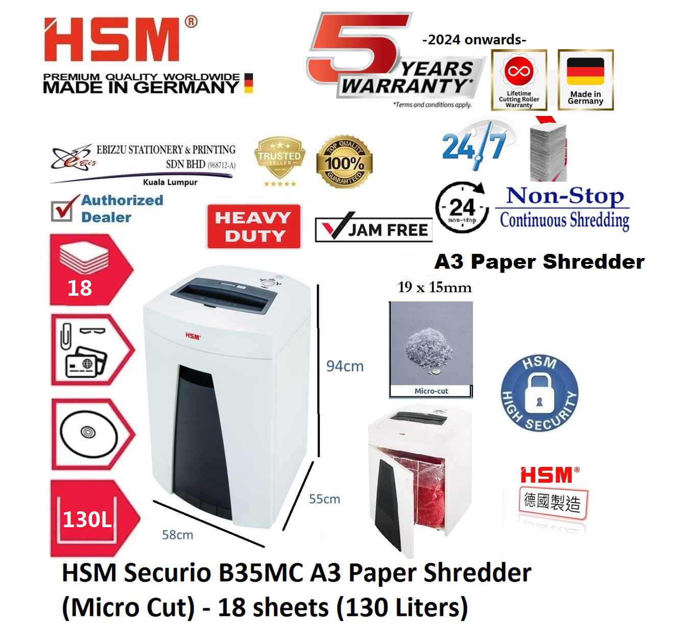 HSM Securio B35 MC A3 Paper Shredder (Micro Cut) - 18 sheets (130 Liters) ( B35MC, non stop, Micro Cut, Paper Shredder, Shredder Machine, Office Shredder, Heavy Duty Shredder, Mesin Penghancur Kertas)