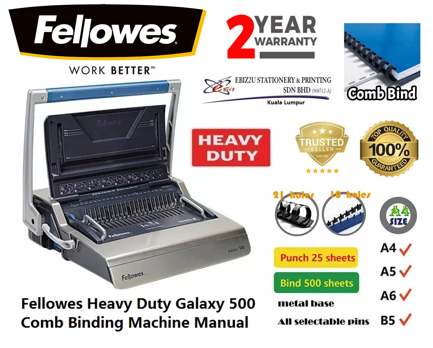 Fellowes Heavy Duty Galaxy 500 Comb Binding Machine Manual (binding machine, heavy duty binding machine, comb binder, comb binding machine)