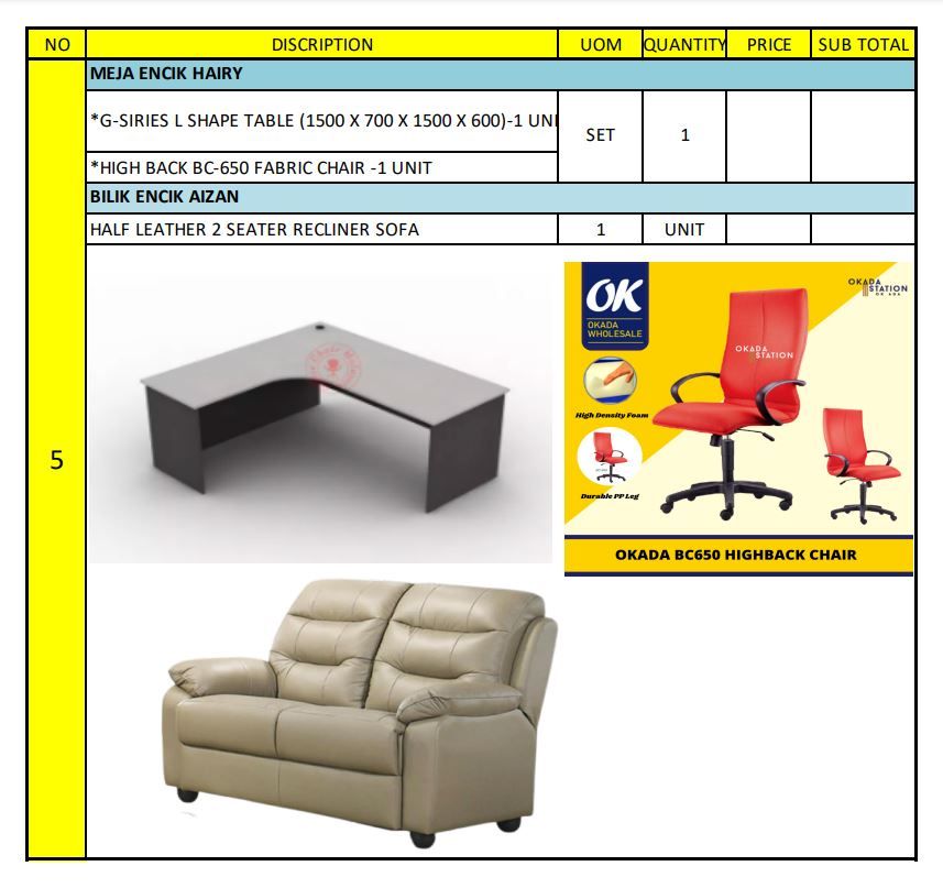 L SHAPE TABLE + BC-651 ERGONOMIC HIGH BACK CHAIR + HALF LEATHER 2 SEATER RECLINER SOFA / OFFICE FURNITURE / HIGH BACK CHAIR / OFFICE TABLE / SOFA