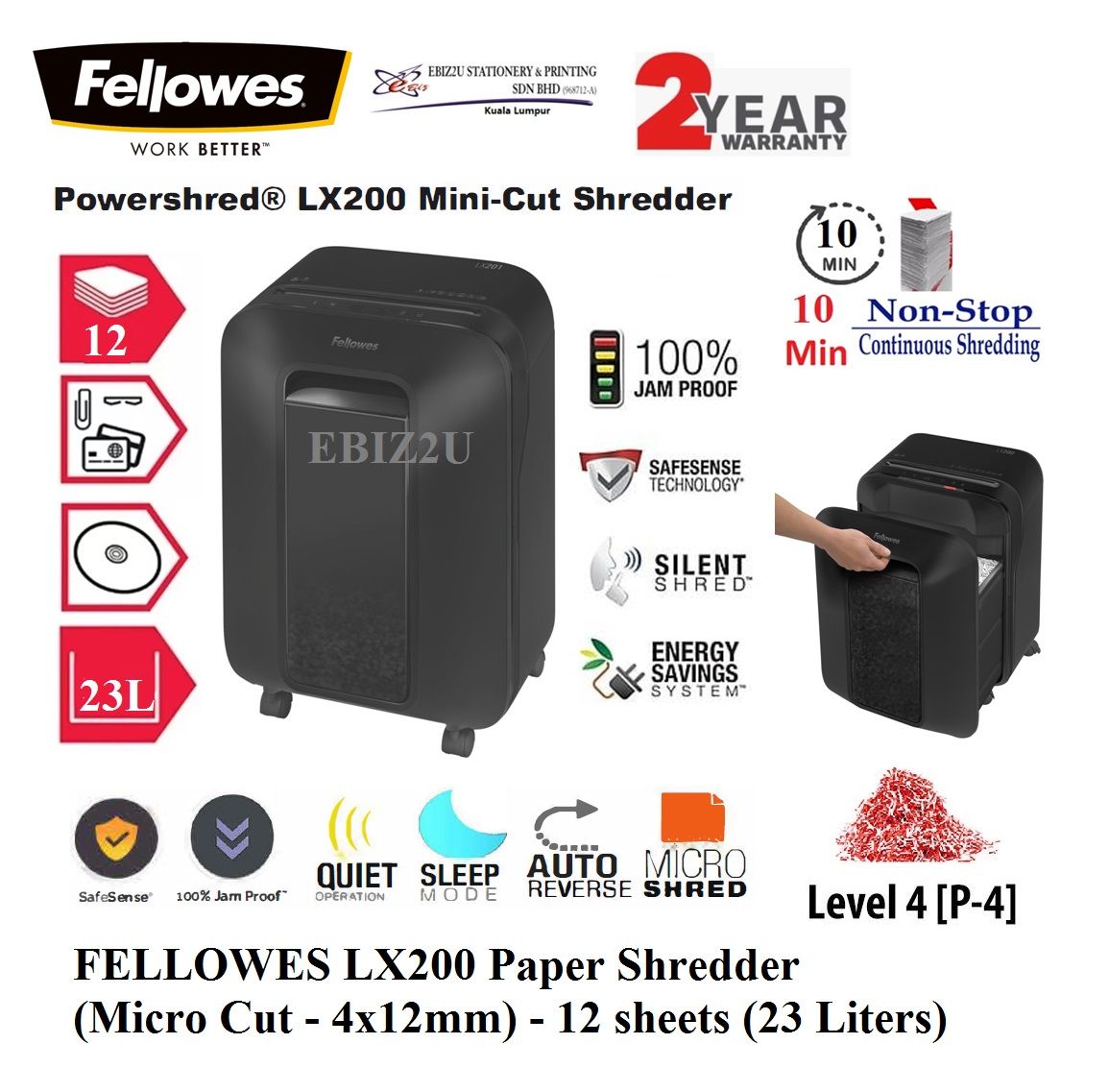FELLOWES LX200 Paper Shredder (Micro Cut - 4x12mm) - 12 sheets (23 Liters) (10 mins Non Stop Paper Shredder, Shredder Machine, A4 Paper Shredder, Office Shredder, Mesin Penghancur Kertas, Heavy Duty Shredder, Heavy Duty Paper Shredder)