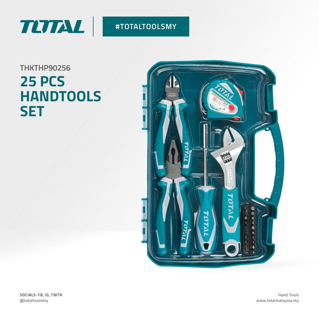 TOTAL HANDTOOLS SET WITH SCREWDRIVER BITS MEASURING TAPE PLIERS & ADJUSTABLE WRENCH (25 PCS) THKTHP90256