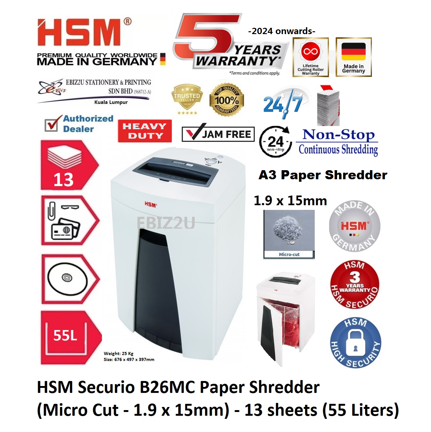 HSM Securio B26 MC Paper Shredder (Micro Cut) - 13 sheets (55 Liters) (B26MC, Micro Cut, Paper Shredder, Shredder Machine, Office Shredder, Heavy Duty Shredder, Mesin Penghancur Kertas)