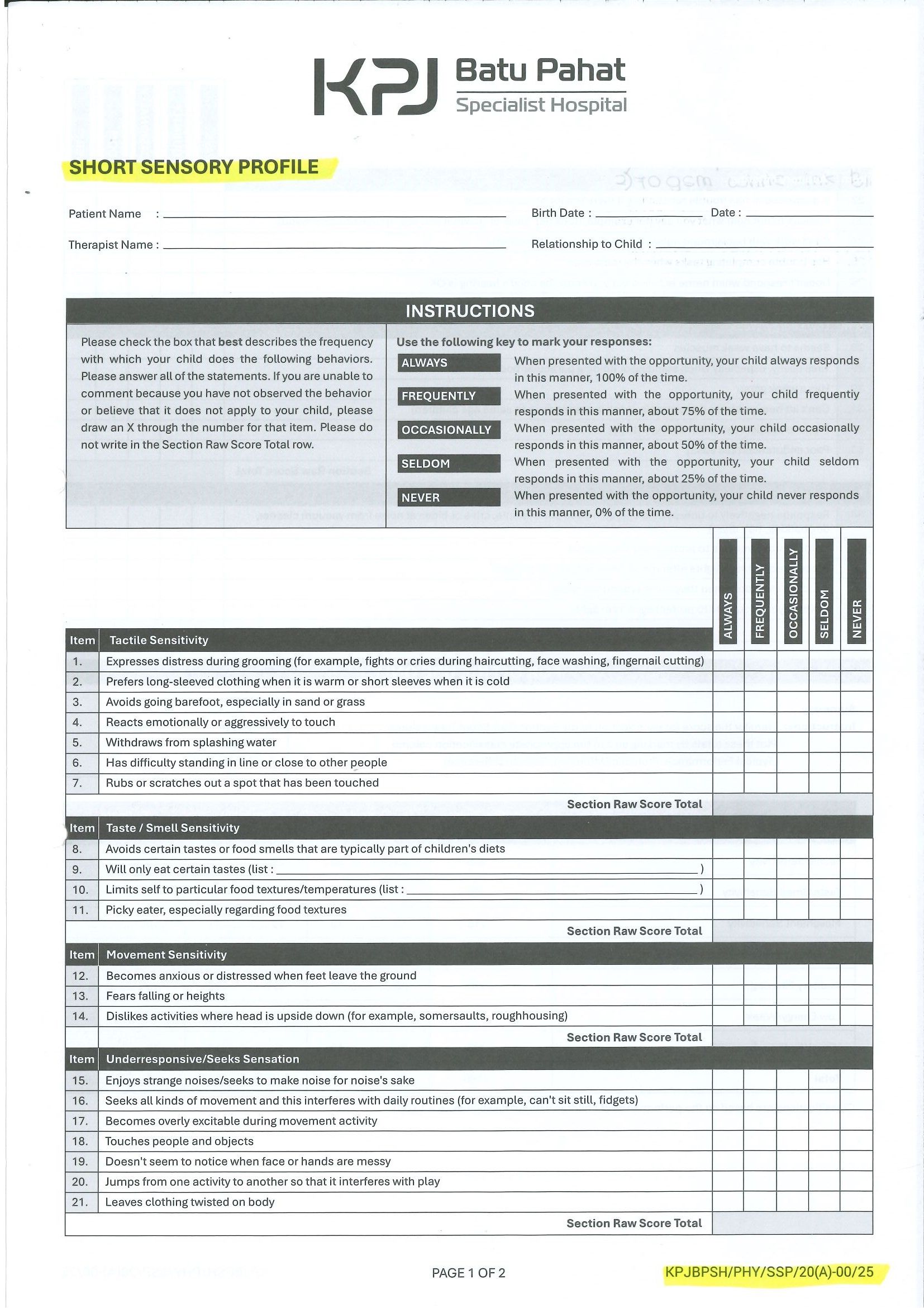 Short Sensory Profile (English Version)