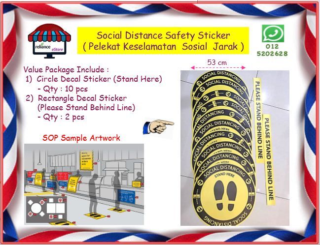 Social Distance Safety Sticker / Social Distancing Sticker / Pelekat Tanda Keselamatan Sosial Jarak # SOP Safety Label Sticker # RS1600 ( KTT : 1 Package @ 12 Keping )