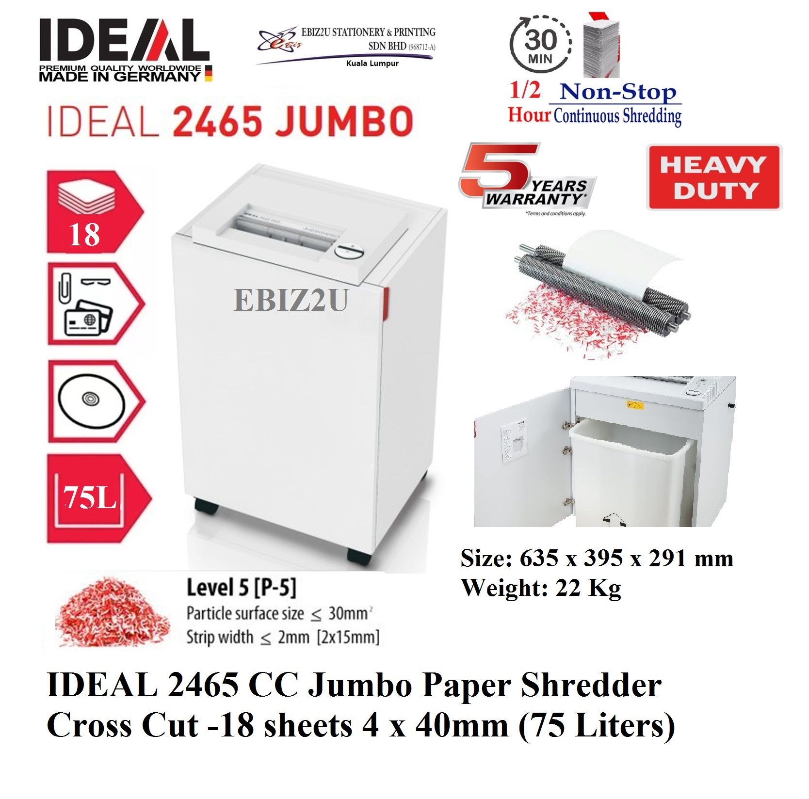 IDEAL 2465 CC Jumbo Paper Shredder Cross Cut -18 sheets 4 x 40mm (75 Liters) Bigger Bin Size Paper Shredder (1 hour non stop, Cross Cut, Paper Shredder, Shredder Machine, Office Shredder, Heavy Duty Shredder, Mesin Penghancur Kertas)