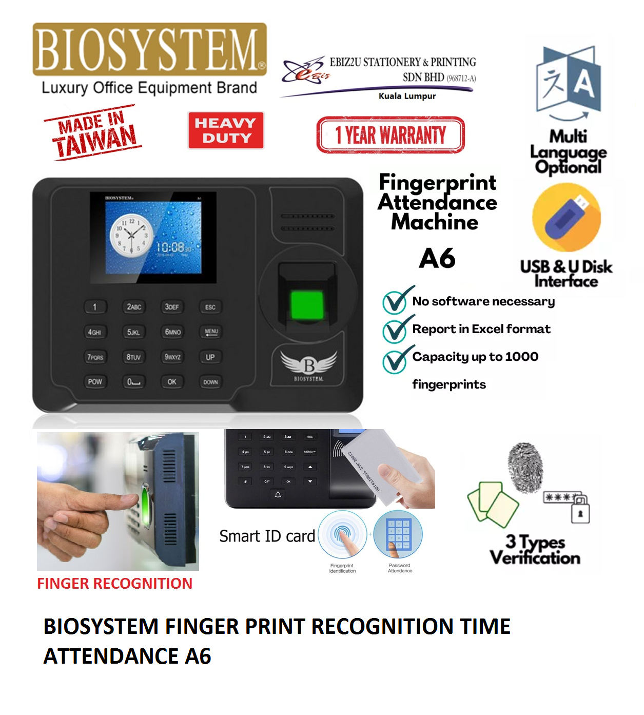 BIOSYSTEM FINGER PRINT RECOGNITION TIME ATTENDANCE A6 - Finger, ID Card & Password ( mesin perakam waktu, Fingerprint Time Attendance Machine, Time)