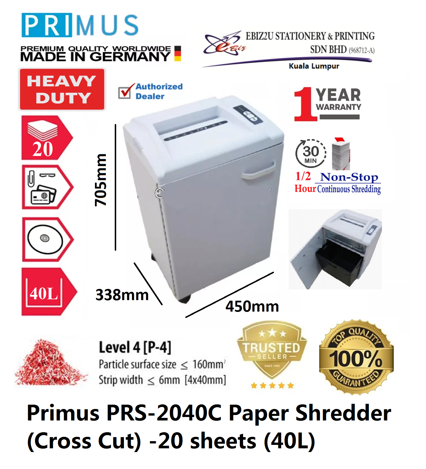 Primus PRS-2040C Paper Shredder (Cross Cut) -20 sheets (40L) (Cross Cut, Paper Shredder, Shredder Machine, Office Shredder, Heavy Duty Shredder, Mesin Penghancur Kertas)
