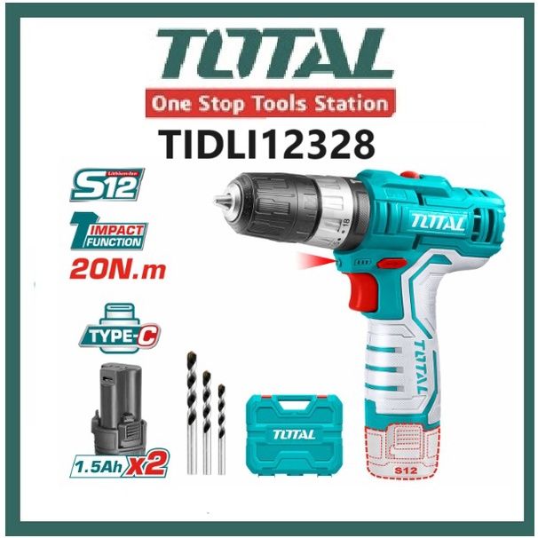 TOTAL TIDLI12328 LI-ION IMPACT DRILL (PACKAGE COMES WITH 2 PCS 12V LITHIUM-ION 1.5AH BATTERIES TBLI12153 1 PC CR-V BIT 3 PCS MASONRY DRILL BITS 1 PC SUITCASE)