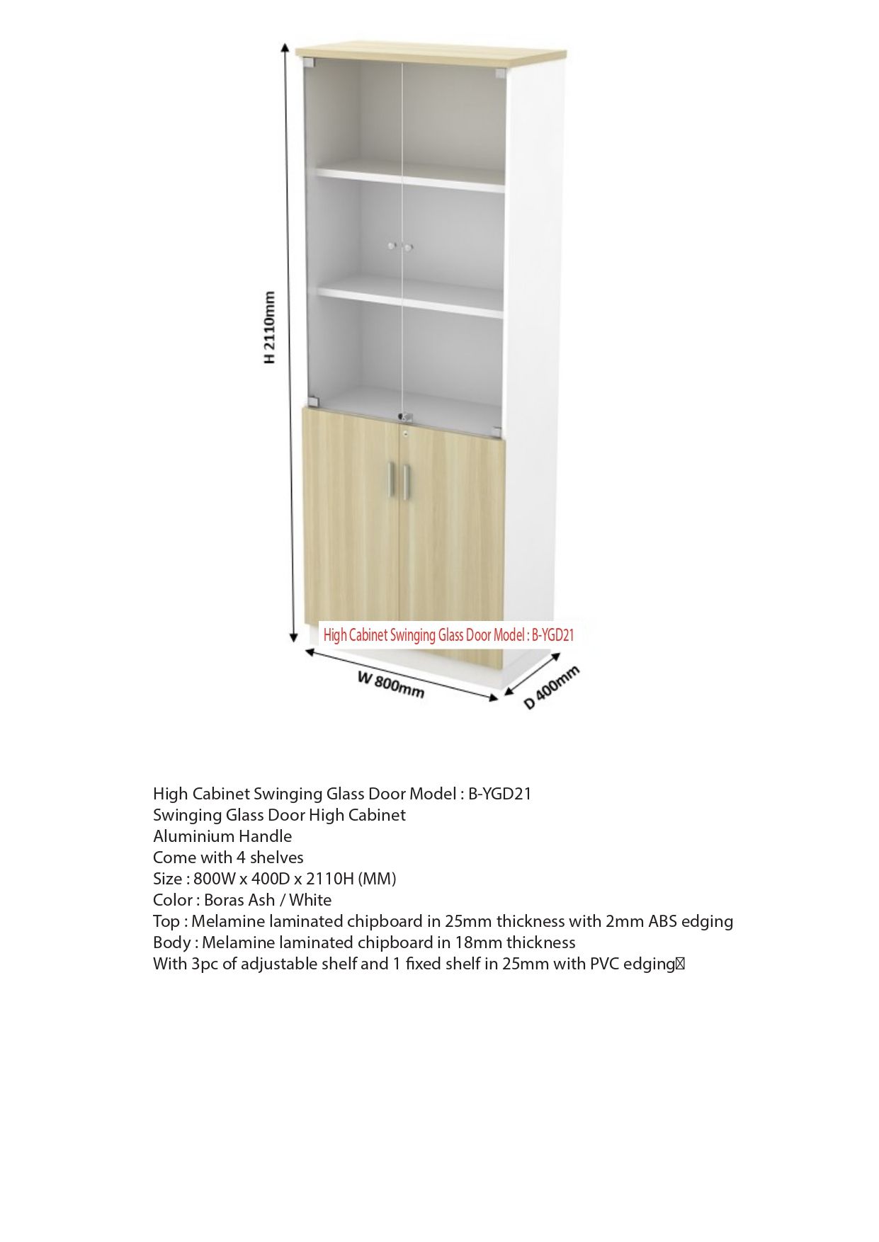 High Cabinet Swinging Glass Door Model : B-YGD21