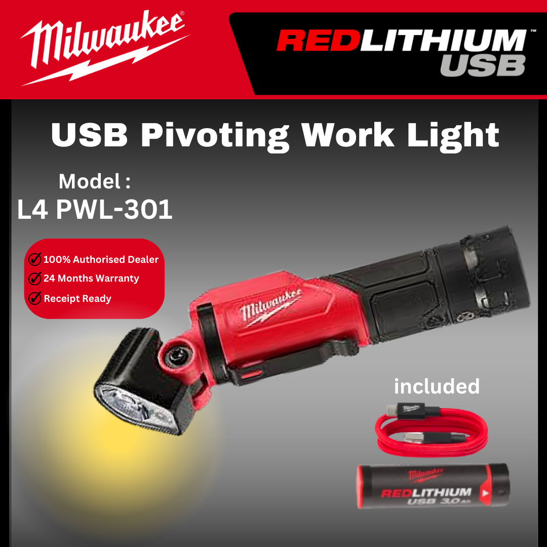 MILWAUKEE USB Pivoting Work Light 500 Lumen / L4 PWL-201 / Torch Light / Flashlight / Milwaukee Torch Light / Work Light / Lampu Kerja / Milwaukee Light / Milwaukee Lampu