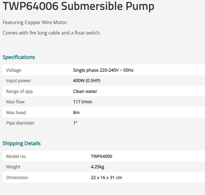 TOTAL TWP64006 0.5HP 400W Submersible Sewage Water Pump 1"