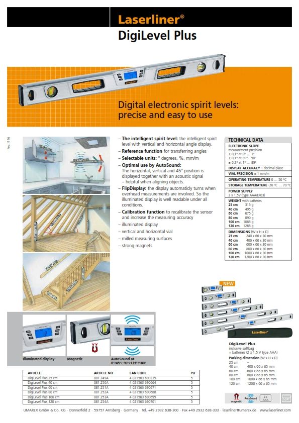 RS PRO *Laserliner 600mm Magnetic, LCD Inclinometer, User Calibrated 081.251A