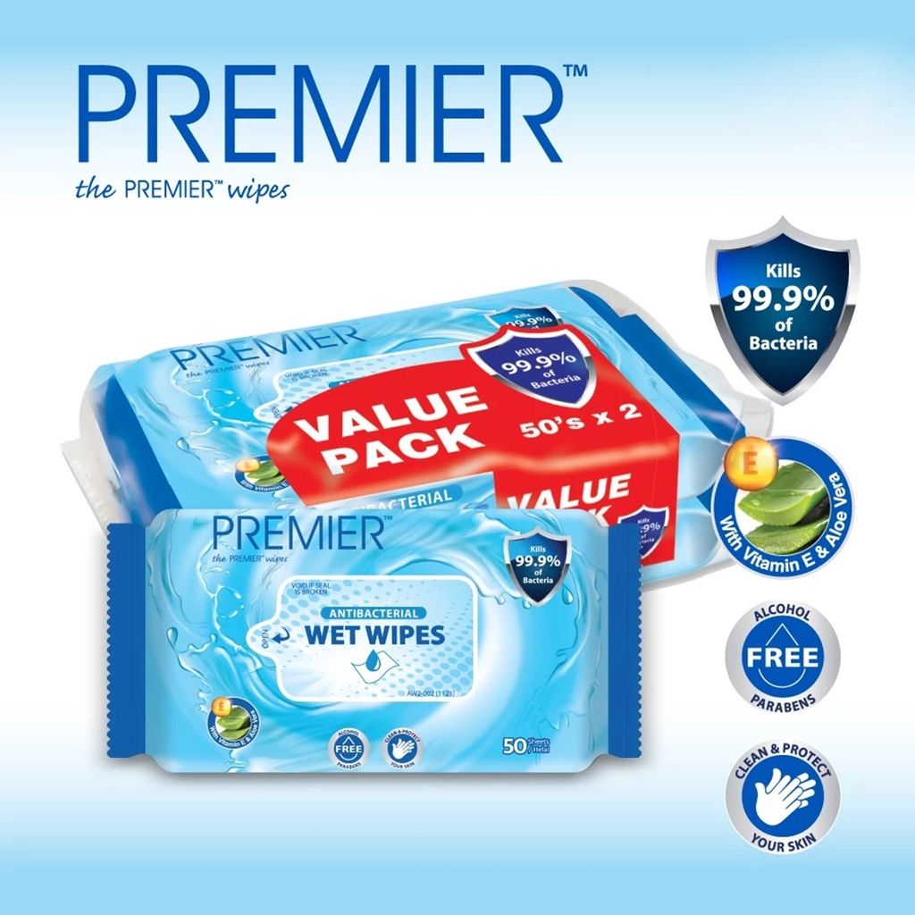 Premier Antibacterial Wet Wipes Tissue 2in1 (50's x 2 Packets)