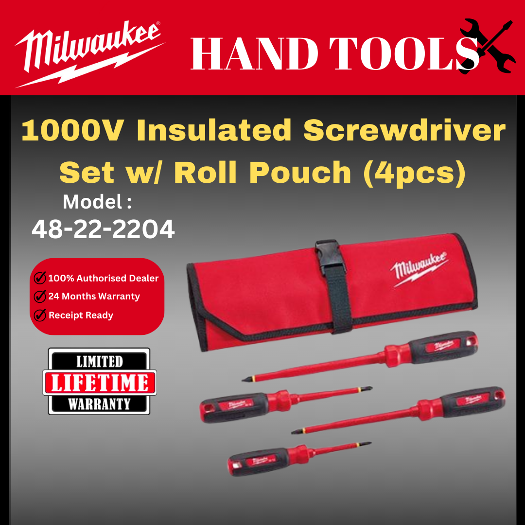 Milwaukee 1000V Insulated Screwdriver Set w/ Roll Pouch (4pcs) / 48-22-2204 / Milwaukee Screwdriver / Milwaukee Insulated Screwdriver