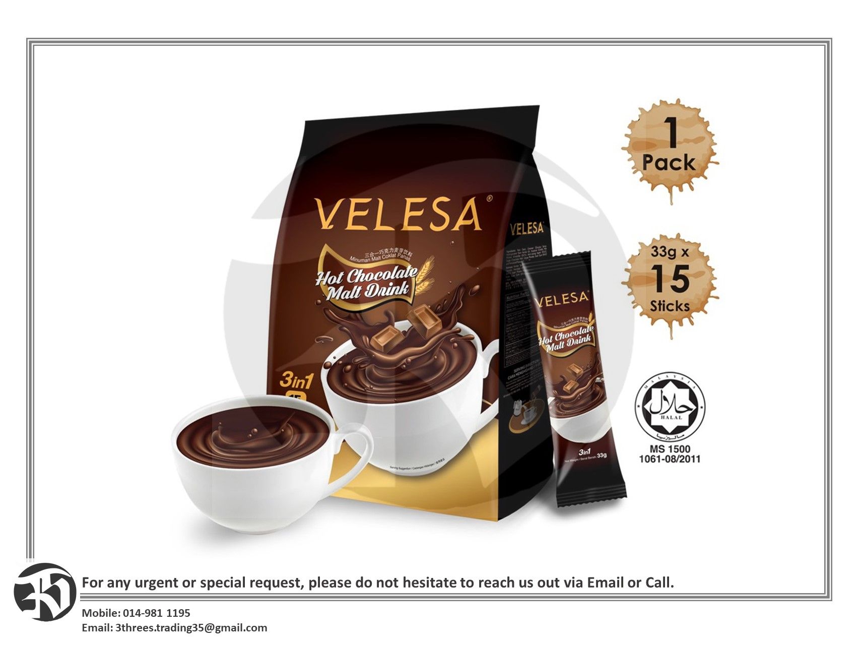 Velesa Hot Chocolate Malt Drink 3 in 1 (33g x 15 Sticks)