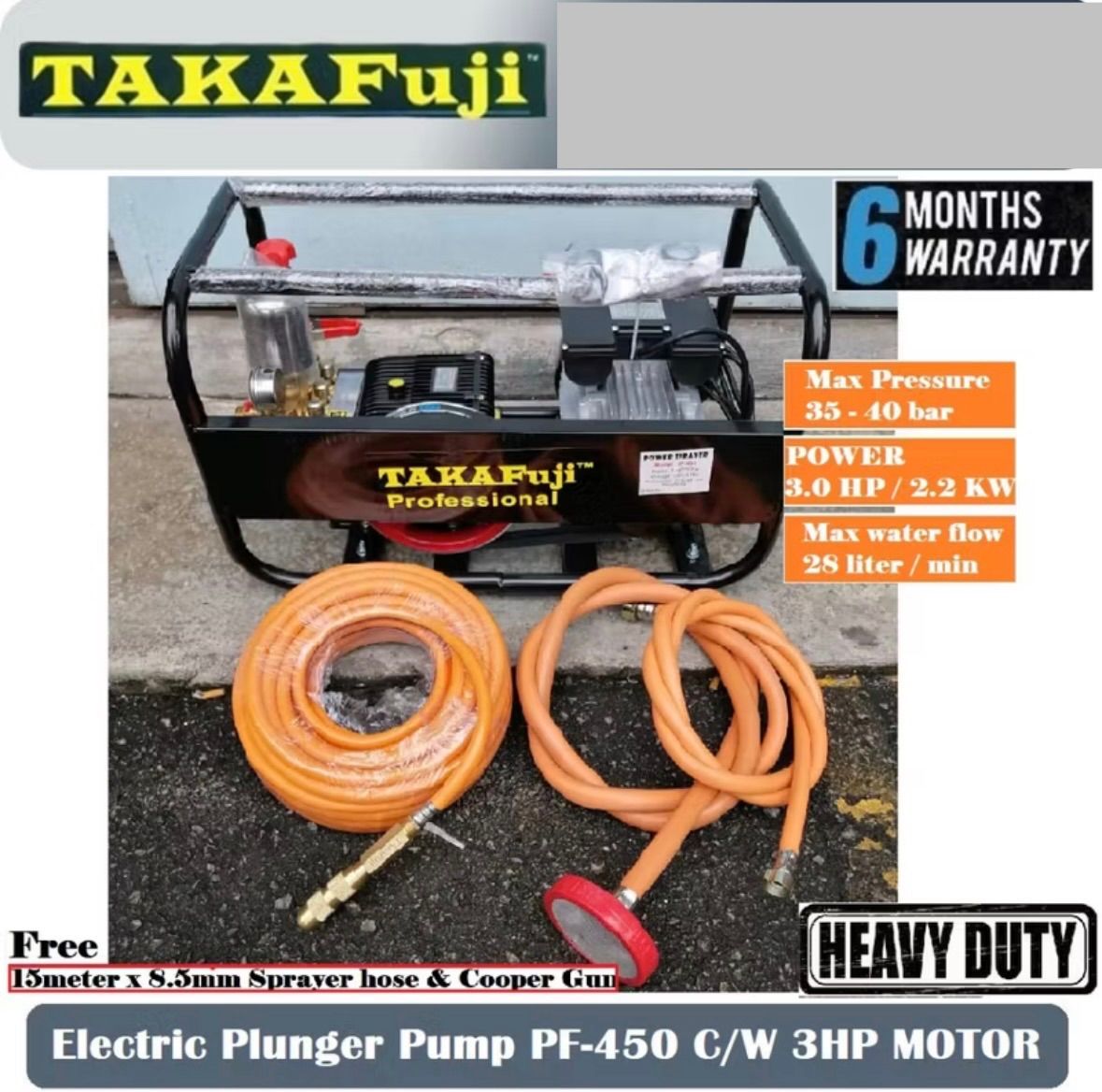 TAKAFUJI Plunger Pump PF-450 C/W 3HP MOTOR - Free 15Meter Sprayer Hose & Cooper Nozzle - 6 Months local Warranty