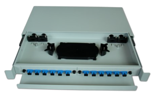 24F Drawer Patch Panel Black 19" 1U 1mm No Angle SC SX Port w/ SM SC Adp. w/ SC/UPC Pigtail