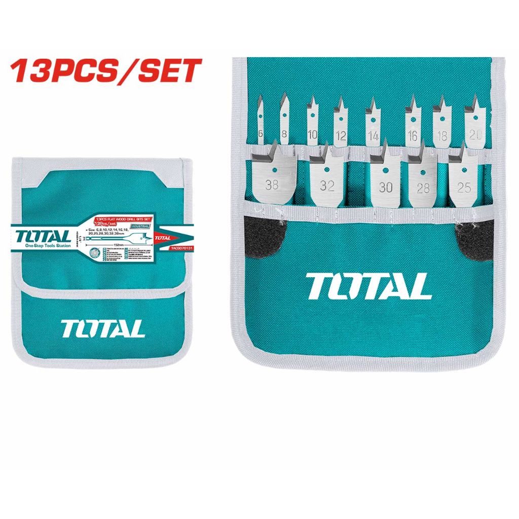 TOTAL FLAT WOOD DRILL BITS SET (8MM-38MM X 152MM/HEX SHANK 1/4"/13 PCS) TACSD70131