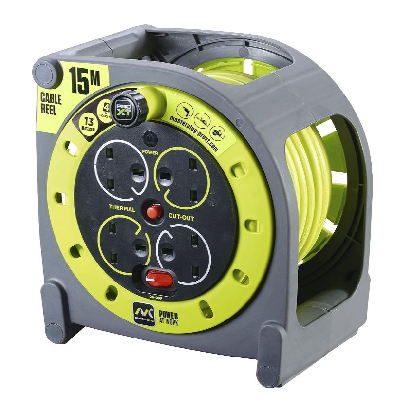 MASTERPLUG Pro-XT Case Reel Extension with 4 Sockets, 15m Length & Safety Thermal Cut Out