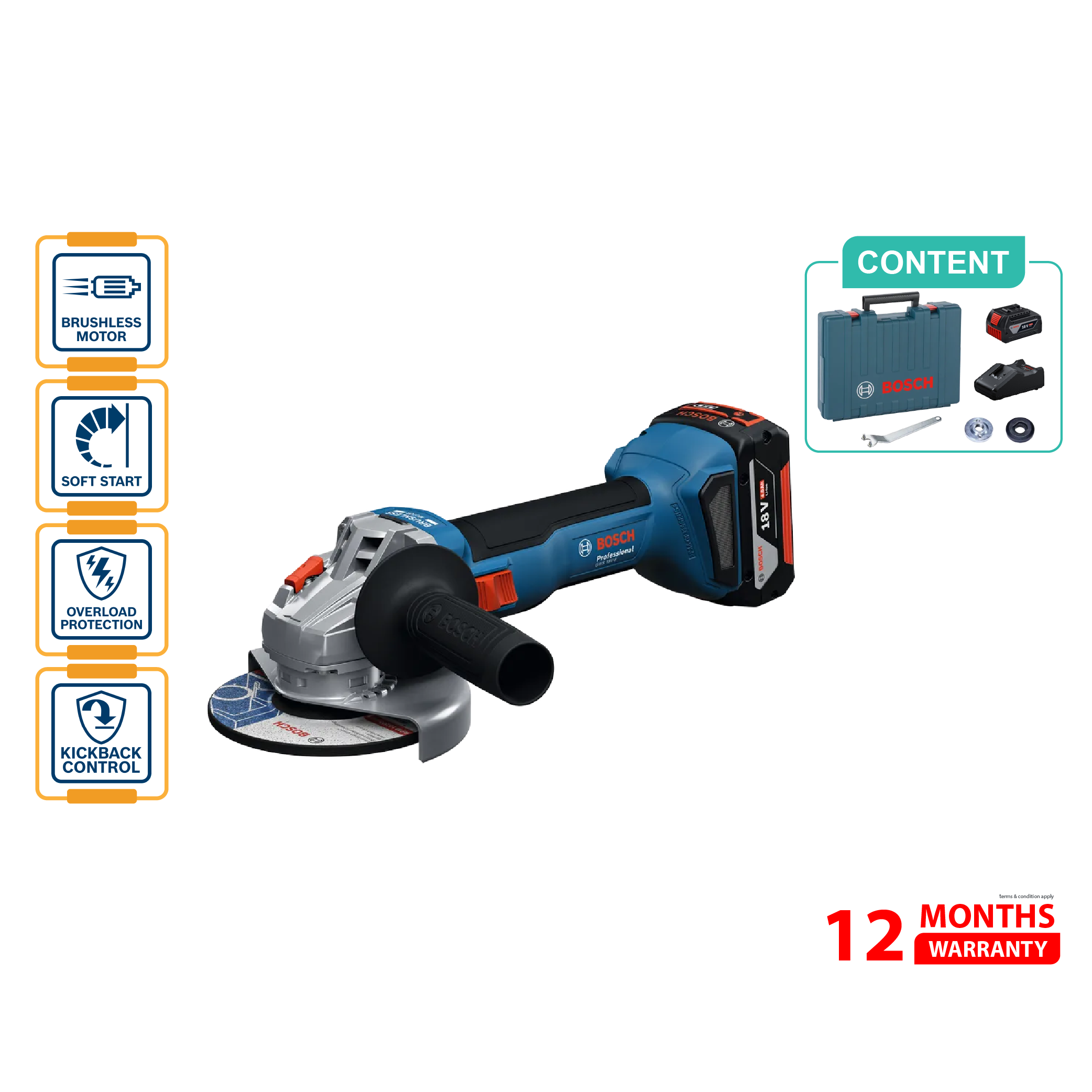 BOSCH GWS 18V-8 Cordless Angle Grinder - 06019N90L0