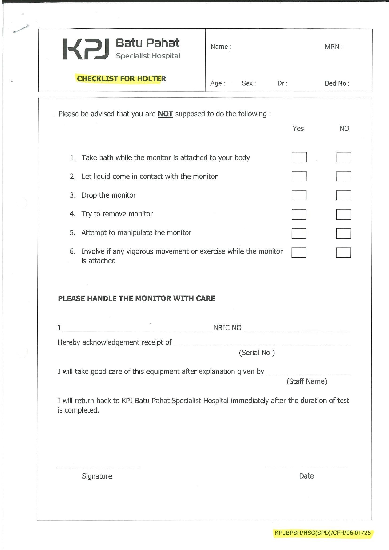 Checklist For Holter
