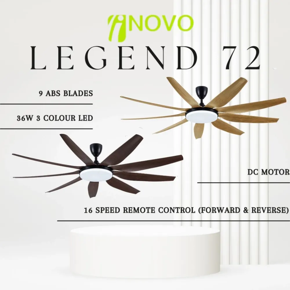 INOVO Ceiling Fan Legend 72" – Ultra-Quiet DC Motor, 9 ABS Blades, 36W LED Light, 16-Speed Remote Control