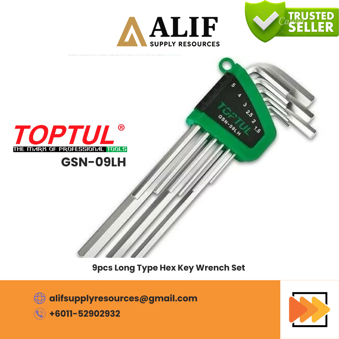 TOPTUL 9pcs Long Type Hex Key Wrench Set GSN-09LH