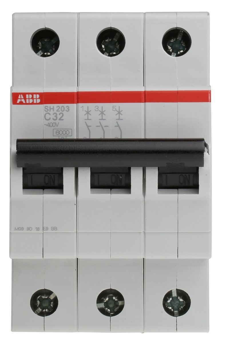ABB Compact Home SH200 MCB, 3P Poles, 6A Curve C, 440V AC, 6 kA Breaking Capacity, MCB (Part No. 2CDS213001R0064)
