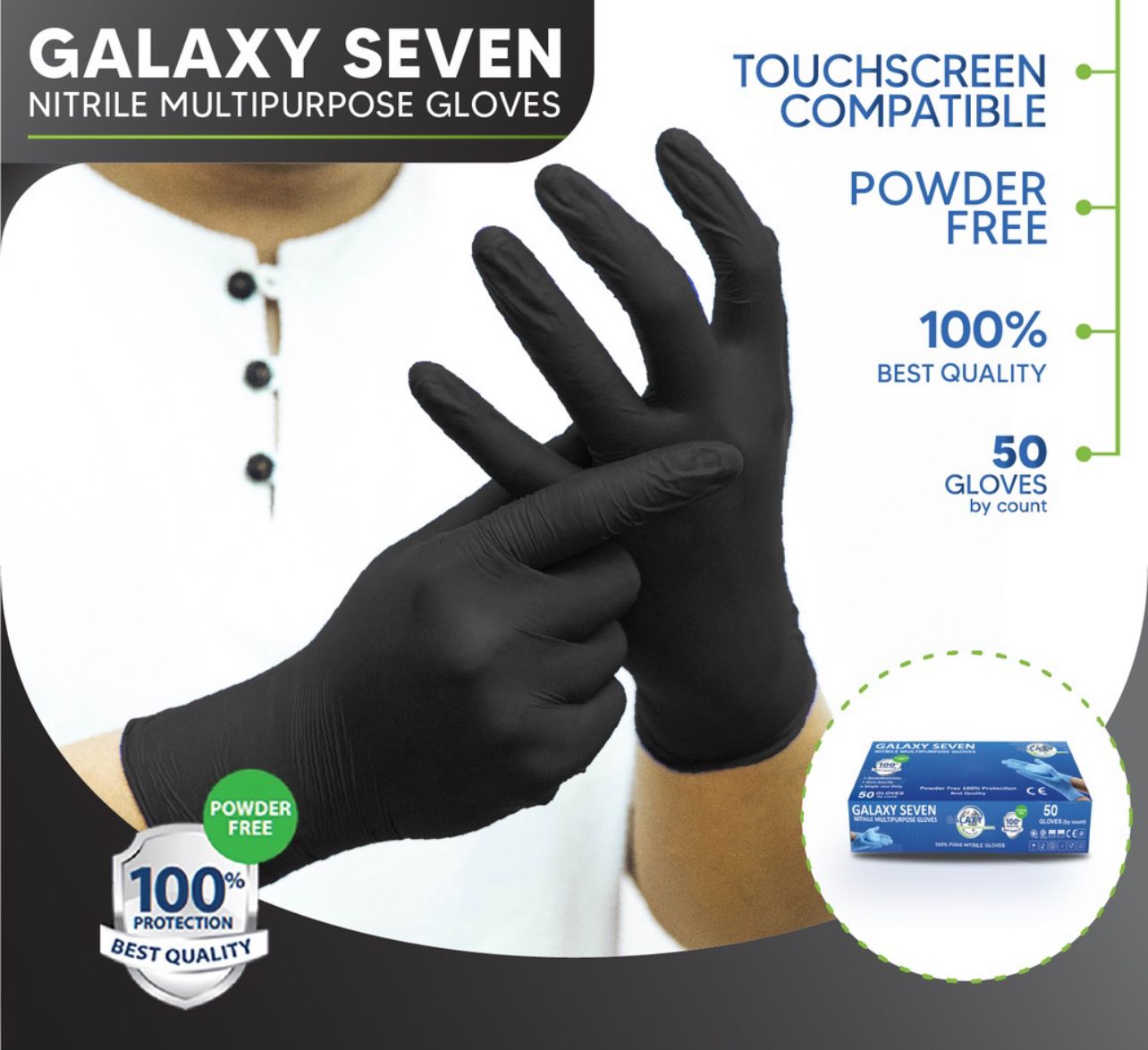 Galaxy Seven Nitrile Multipurpose Gloves Powder Free - Black (50 Pcs)